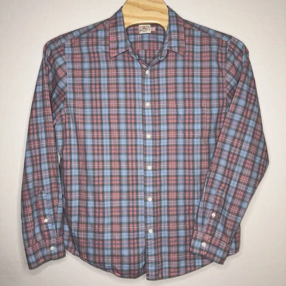 Faherty The Movement Shirt Mens Blue Summer Rose Plaid Button Up Light Size XXL - Picture 1 of 4